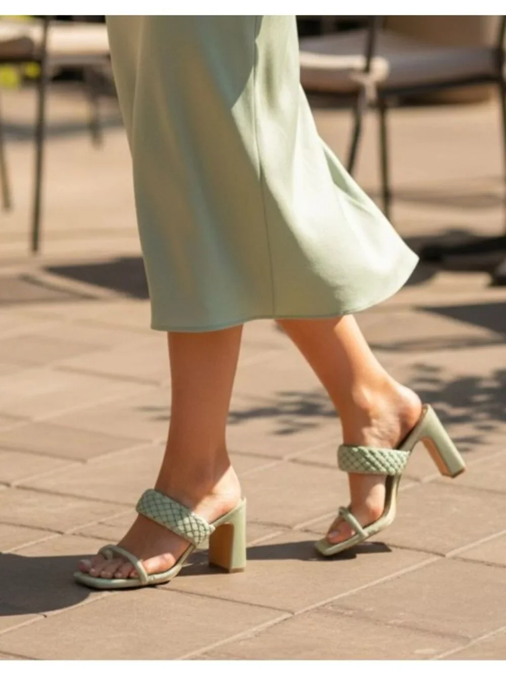 Woven Strap Block Heel Sandals Sage Green Square Toe Slip-On Design Womens Footw